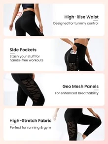 Easithlete Geo Mesh Insert Tummy Control Sports Leggings With Phone Pocket - Black - View 3