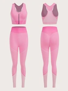 2 piezas Traje de Yoga Pilates a rayas con cremallera y sujetador acolchado con tapeta y mallas con control de barriga - Lila Púrpura - Ver 5