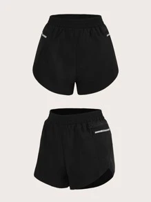 SHEIN Sports Pantalones cortos deportivos con bolsillo con cremallera para teléfono - Negro - Ver 5