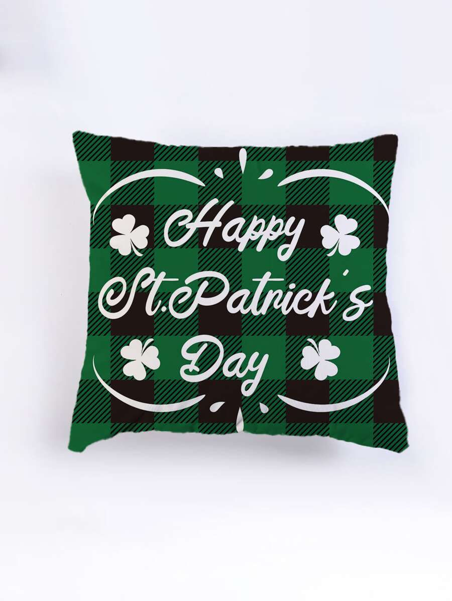 1入組格紋和幸運草圖案靠墊套不附帶墊芯經典絨布裝飾抱枕套適用於聖帕特里克節 - 綠色 - 查看 1