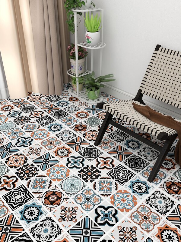 1pc Selfadhesive PVC Floor Sticker, European Style Tile Pattern