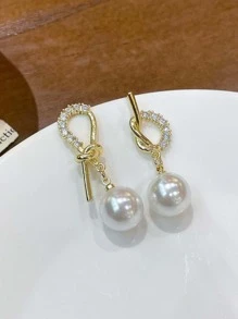Faux Pearl & Rhinestone Bow Decor Mismatched Drop Earrings - Yellow Gold - View 1