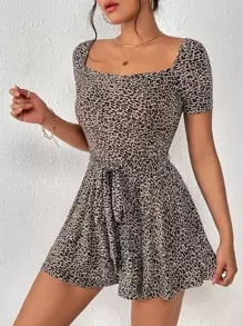 SHEIN Privé Leopard Print Belted Romper - Multicolor - View 1