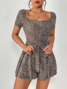 SHEIN Privé Leopard Print Belted Romper - Multicolor - View 6