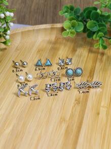 9對/套古代民俗復古幾何耳環葉蝴蝶結鳥動物心形三角形圓形綠松石裝飾時尚簡約耳釘套裝 - 彩色 - 查看 4