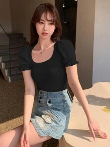 DAZY Chất rắn Lá sen tỉa Ống tay áo Áo thun - màu đen - Xem 5