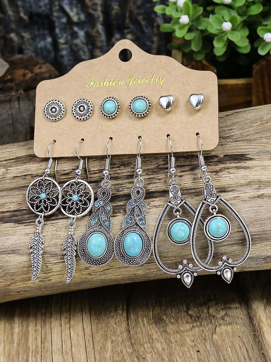 6 Cái/bộ Bohemian Hợp Kim Kẽm Xanh Ngọc & Kim Cương Giả Trang Trí Bông Tai Giọt Cho Nữ Trang Trí Hàng Ngày - Màu Bạc Cổ - Xem 1