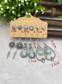 6 Cái/bộ Bohemian Hợp Kim Kẽm Xanh Ngọc & Kim Cương Giả Trang Trí Bông Tai Giọt Cho Nữ Trang Trí Hàng Ngày - Màu Bạc Cổ - Xem 4