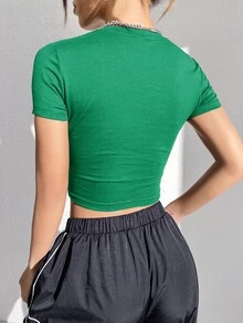 SHEIN EZwear Motorcycle & Letter Graphic Crop Tee - Green - View 2