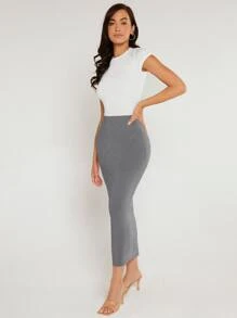 SHEIN BASICS Solid Pencil Skirt - Grey - View 5