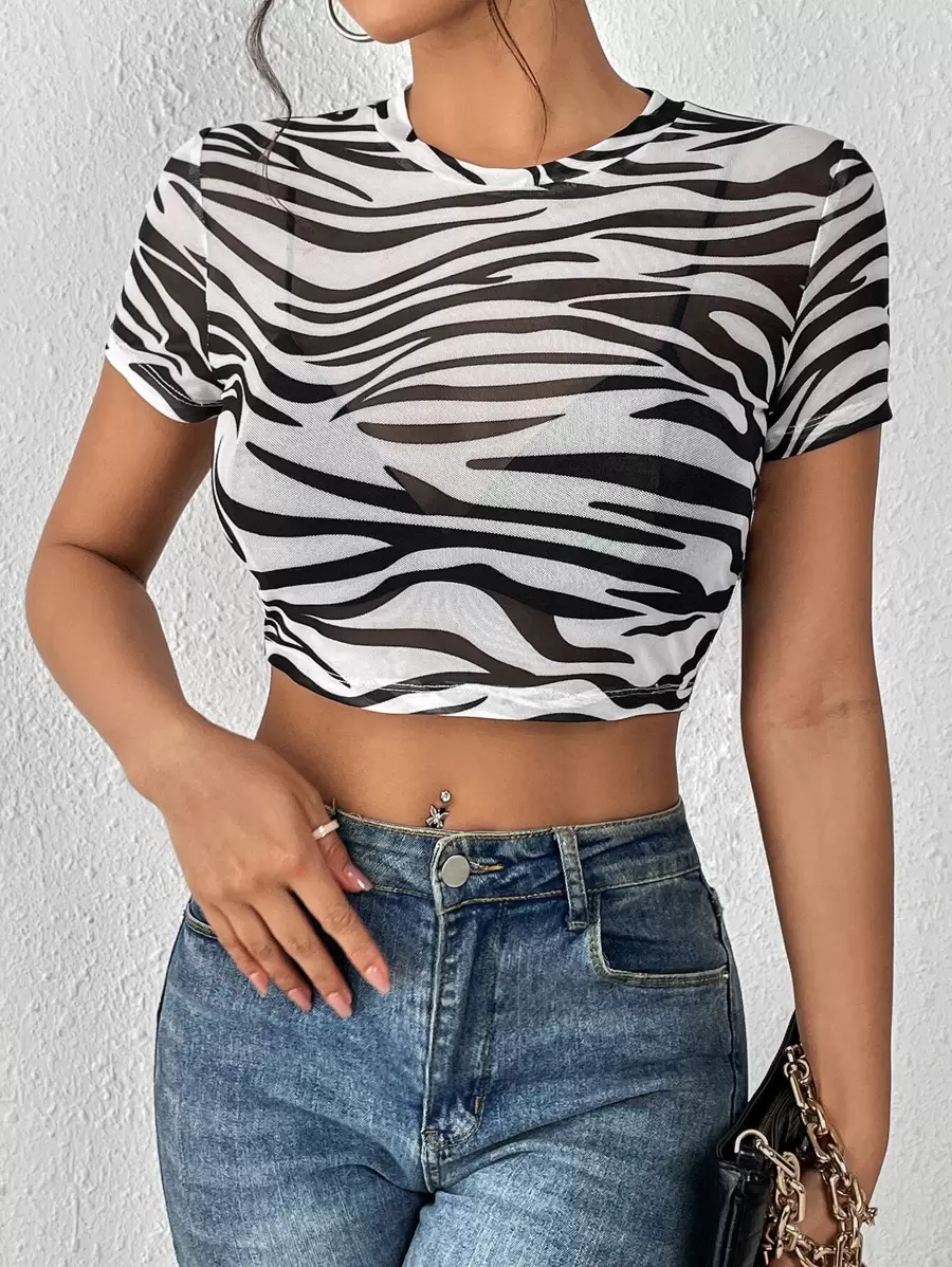 SHEIN Essnce Zebra Striped Print Crop Mesh Top Without Bra - Black and White - View 1