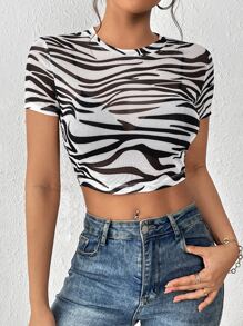 SHEIN Essnce Zebra Striped Print Crop Mesh Top Without Bra - Black and White - View 3