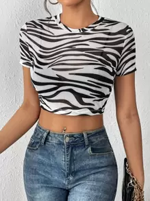 SHEIN Essnce Zebra Striped Print Crop Mesh Top Without Bra - Black and White - View 4