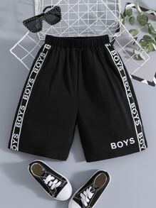 Boys Letter Graphic Contrast Tape Side Shorts - Black - View 1