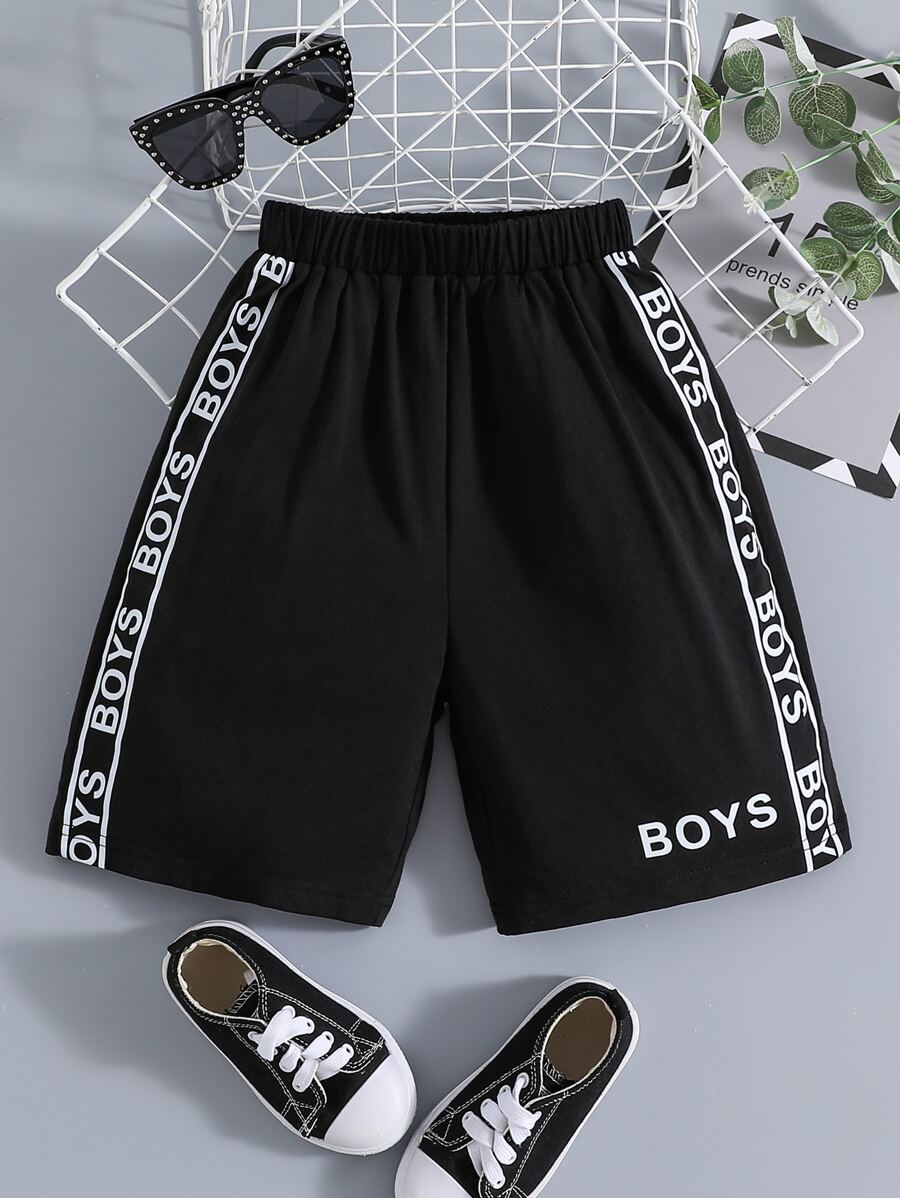 Boys Letter Graphic Contrast Tape Side Shorts - Black - View 1