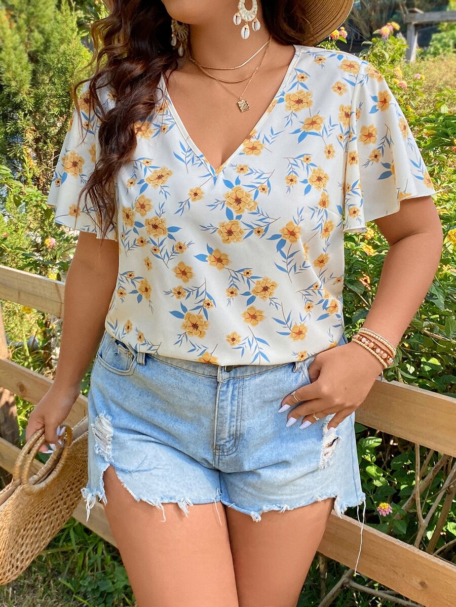 SHEIN Holidaya Plus Allover Floral Print Butterfly Sleeve Blouse - Multicolor - View 1