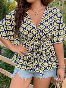 SHEIN LUNE Plus Allover Print Surplice Neck Belted Blouse - Multicolor - View 1