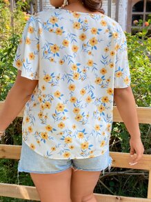 SHEIN Holidaya Plus Allover Floral Print Butterfly Sleeve Blouse - Multicolor - View 2