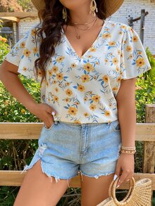 SHEIN Holidaya Plus Allover Floral Print Butterfly Sleeve Blouse - Multicolor - View 4