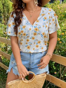 SHEIN Holidaya Plus Allover Floral Print Butterfly Sleeve Blouse - Multicolor - View 6