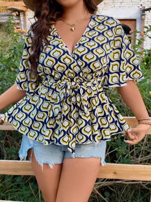 SHEIN LUNE Plus Allover Print Surplice Neck Belted Blouse - Multicolor - View 3