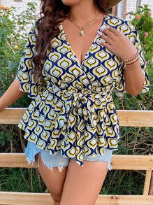 SHEIN LUNE Plus Allover Print Surplice Neck Belted Blouse - Multicolor - View 6