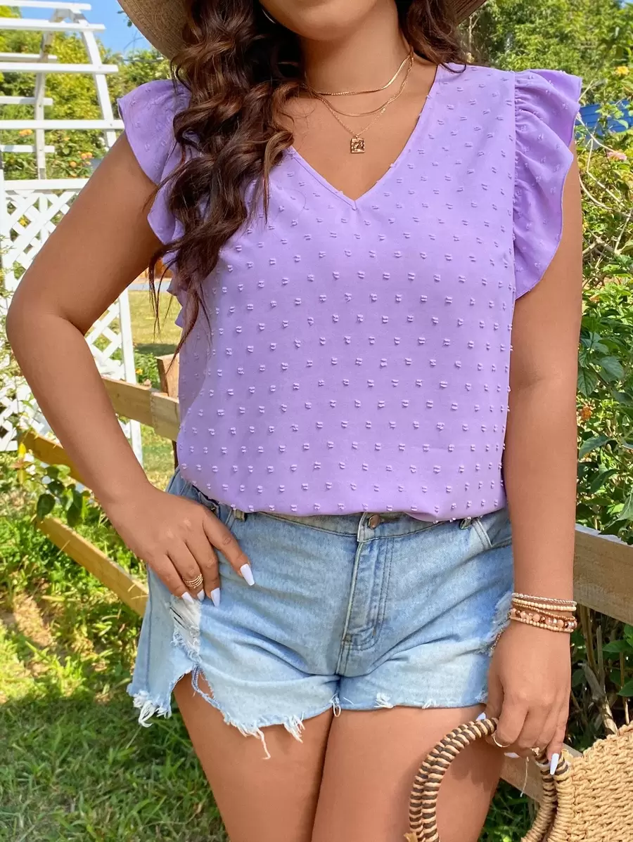 SHEIN LUNE Plus Size Boho Swiss Dot Tie Back Butterfly Sleeve Blouse, For Summer - Purple - View 1