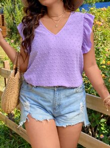 SHEIN LUNE Plus Size Boho Swiss Dot Tie Back Butterfly Sleeve Blouse, For Summer - Purple - View 4
