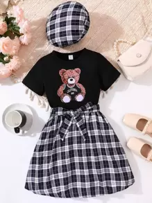 SHEIN 女孩小熊印花T恤和格紋腰帶半身裙和配件帽 - 黑與白 - 查看 1