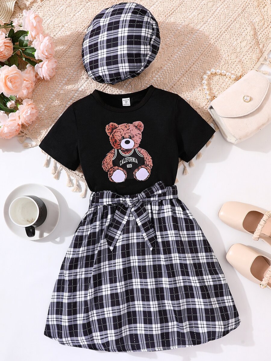 SHEIN 女孩小熊印花T恤和格紋腰帶半身裙和配件帽 - 黑與白 - 查看 1