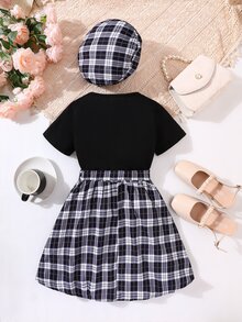 SHEIN 女孩小熊印花T恤和格紋腰帶半身裙和配件帽 - 黑與白 - 查看 2