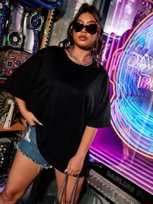 Flirla Plus Skull Print Drop Shoulder Tee For Summer - Black - View 4