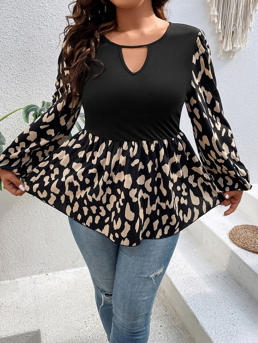 SHEIN LUNE Plus Graphic Print Keyhole Neckline Peplum Blouse - Multicolor - View 1