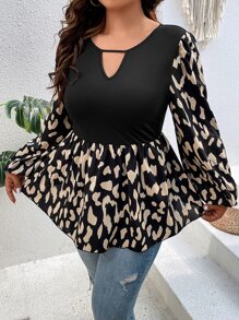 SHEIN LUNE Plus Graphic Print Keyhole Neckline Peplum Blouse - Multicolor - View 3