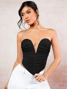 SHEIN BAE V型缺口褶邊不對稱下擺抹胸上衣 - 黑色 - 查看 3