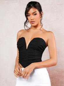 SHEIN BAE V型缺口褶邊不對稱下擺抹胸上衣 - 黑色 - 查看 4