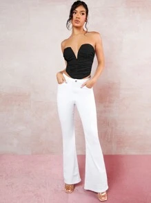 SHEIN BAE V型缺口褶邊不對稱下擺抹胸上衣 - 黑色 - 查看 5