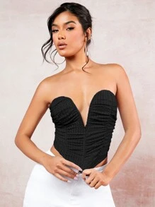 SHEIN BAE V型缺口褶邊不對稱下擺抹胸上衣 - 黑色 - 查看 6