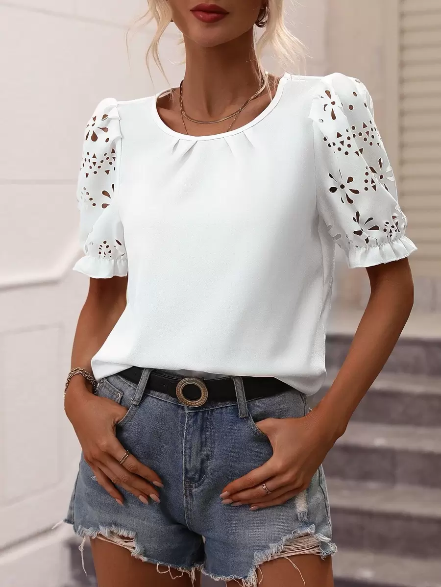 SHEIN Clasi 拼接水溶蕾絲襯衫 - 白色 - 查看 1