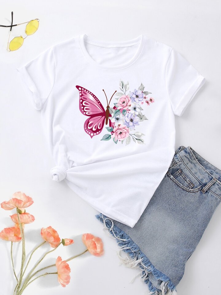 Shein Camisas De Mariposas SHEIN LUNE Camiseta Estampada Con