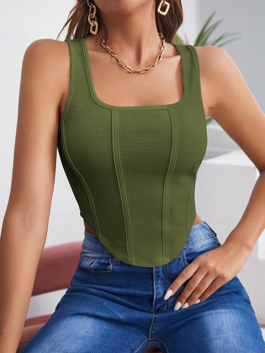 SHEIN BAE Áo hai dây Bất đối xứng màu trơn Giải trí - xanh quân đội - Xem 1