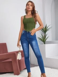 SHEIN BAE Áo hai dây Bất đối xứng màu trơn Giải trí - xanh quân đội - Xem 3