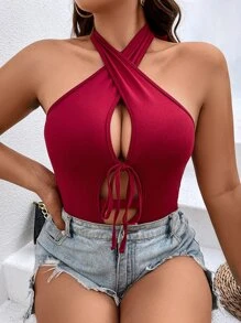 Calvaya Plus Tie Front Halter Neck Backless Bodysuit - Red - View 1