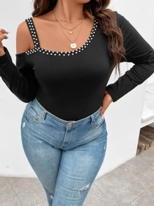 Calvaya Plus Asymmetrical Shoulder Pearls Beaded Bodysuit - Black - View 1