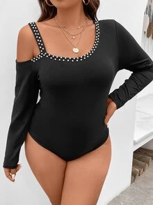 Calvaya Plus Asymmetrical Shoulder Pearls Beaded Bodysuit - Black - View 3