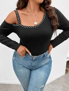 Calvaya Plus Asymmetrical Shoulder Pearls Beaded Bodysuit - Black - View 4