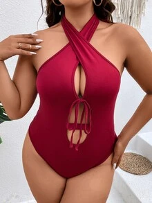Calvaya Plus Tie Front Halter Neck Backless Bodysuit - Red - View 4