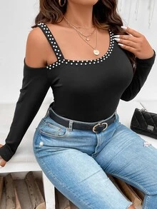 Calvaya Plus Asymmetrical Shoulder Pearls Beaded Bodysuit - Black - View 5