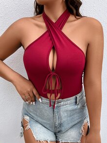 Calvaya Plus Tie Front Halter Neck Backless Bodysuit - Red - View 5