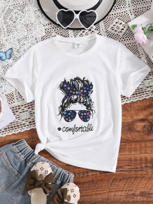 Chicas Camiseta con estampado de figura y letra - Blanco - Ver 1